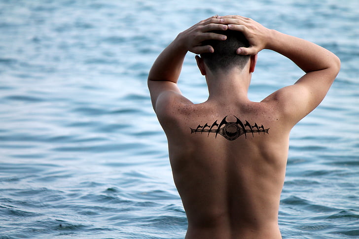 man, move, tattoo, distant, water, sea