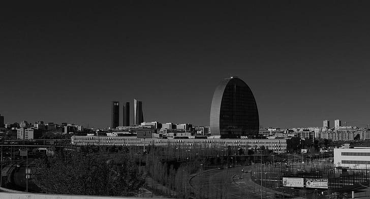 Madrid, Skyline, panorámás, építészet, felhőkarcoló, ingatlan, üzleti