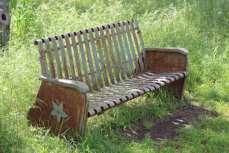 antique bench, bench, park bench, rusty bench, grass, no people, day