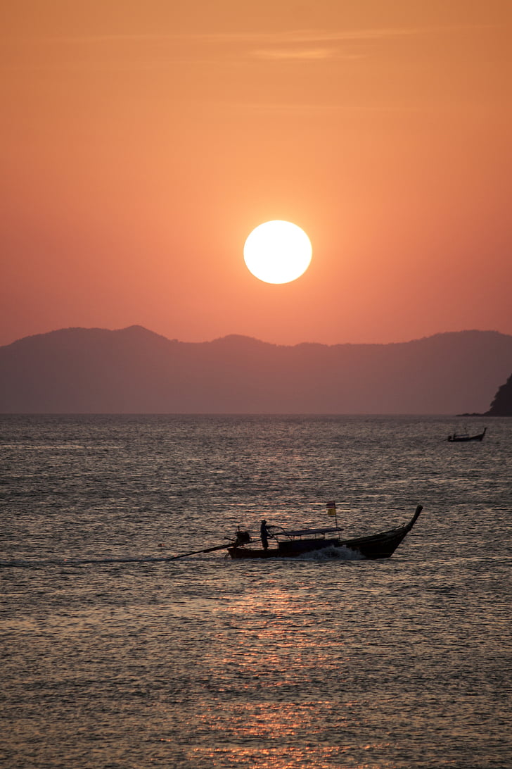 sea, sunset, horizon, mountains, boat, sun, evening