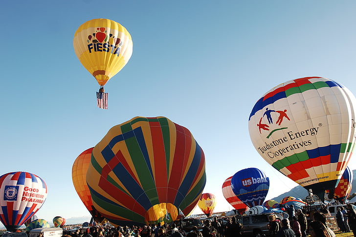 globos, aire caliente, de levantamiento, cielo, colorido, vuelo, evento