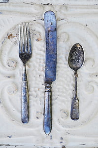 vintage, antique, silverware, spoon, knife, fork, table