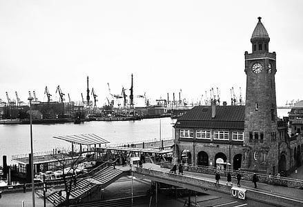Landungsbrücken, havnen i Hamborg, pegelturm, port, Hansestaden, hamburgisch, historisk set
