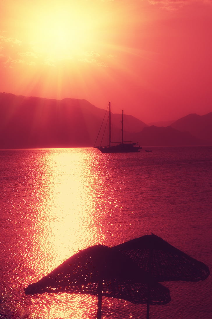 Yacht, solen, rød, sommer, turisme, rejse, ferie