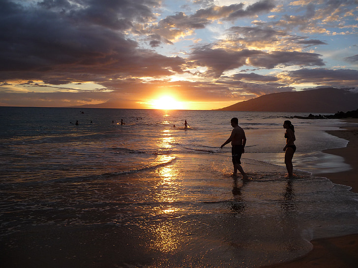 stranden, Maui, Makena, solnedgång, personer, solhouettes