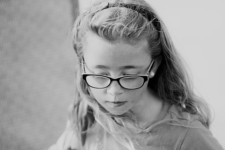 girl, glasses, thoughtful, child, young girl, childhood, people
