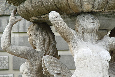 mujer, sirena, fuente, escultura, piedra arenisca, arte, arquitectura