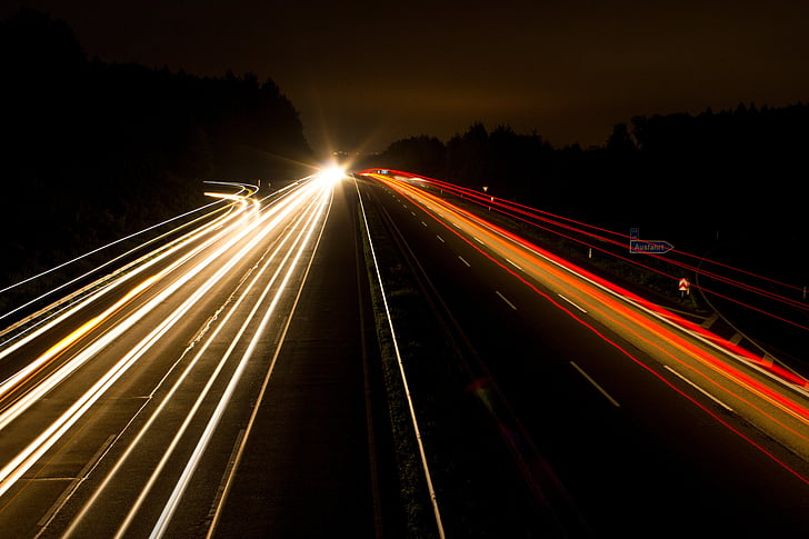 motorvei, natt fotografi, lys, natt, belysning, mørk, mørke