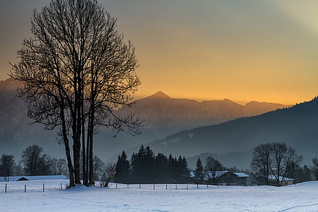 sončni zahod, Fischbachau, gore, sneg krajine, pozimi, Alpski, zimsko sonce