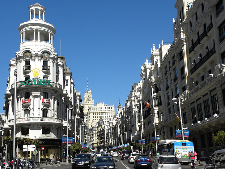 Madrid, Gran vía, cidade, Espanha, urbana, capital, tráfego