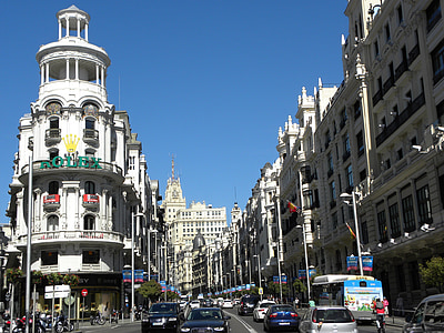 Madrid, Gran vía, város, Spanyolország, városi, tőke, forgalom