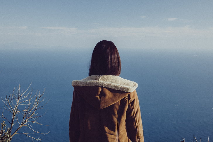 woman, gazing, ocean, view, outlook, young, female