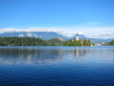 Бледское озеро, Словения, пейзаж, горы, озеро