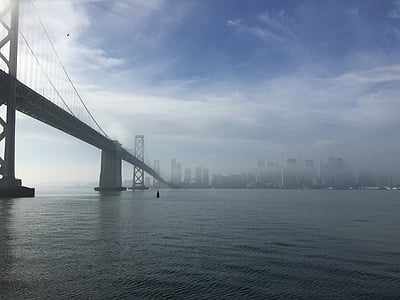 san francisco, bay bridge, fog, bridge, bay, ocean, travel