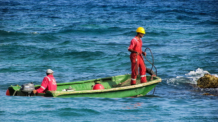 노동자, 보트, 작업, 해양, 균일 한, 레드, 안전