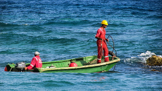 munkavállalók, csónak, munka, tengeri, egységes, piros, biztonsági