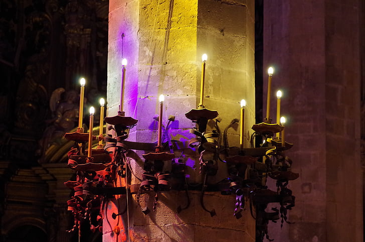 cathedral, church, lights, pillar, candles