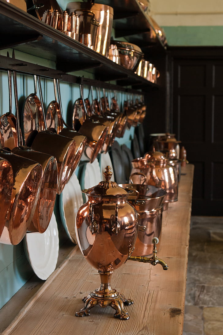 copper samovar, copper utensils, kitchen, ornate, shiny, old fashioned, felbrigg hall