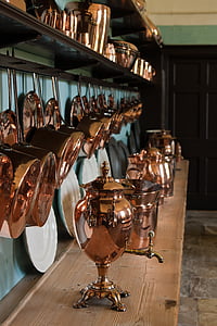 samovar de cobre, utensílios de cobre, cozinha, ornamentado, brilhante, à moda antiga, salão de Felbrigg