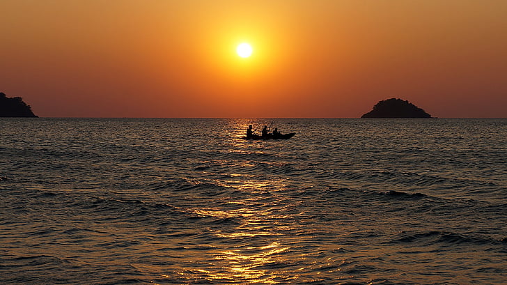 boat, sunset, island, sea, landscape, water ripple, tourism