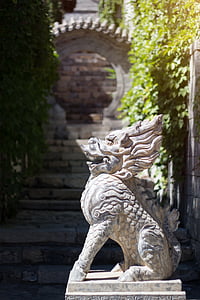 Dragão, Leão, pedra, escultura, criaturas míticas, Budismo, cabeça do dragão