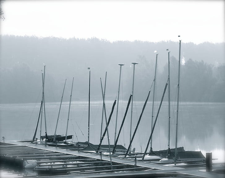 lake, anchorage, autumn, fog, crap, boats, sea bridge