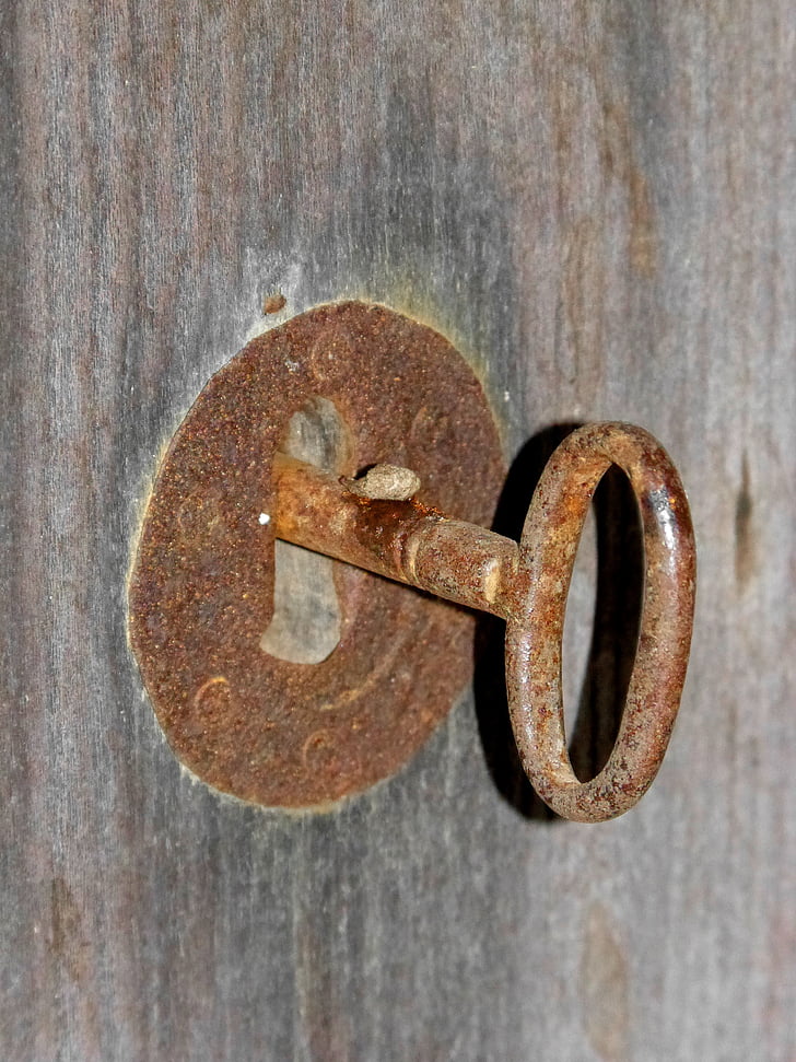 klíč, zámek, otevřít, staré, ročník, železo, dřevo