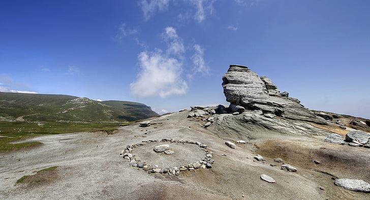 rock formation, meditation circle, gray, rock pile, landscape, sky, outdoors