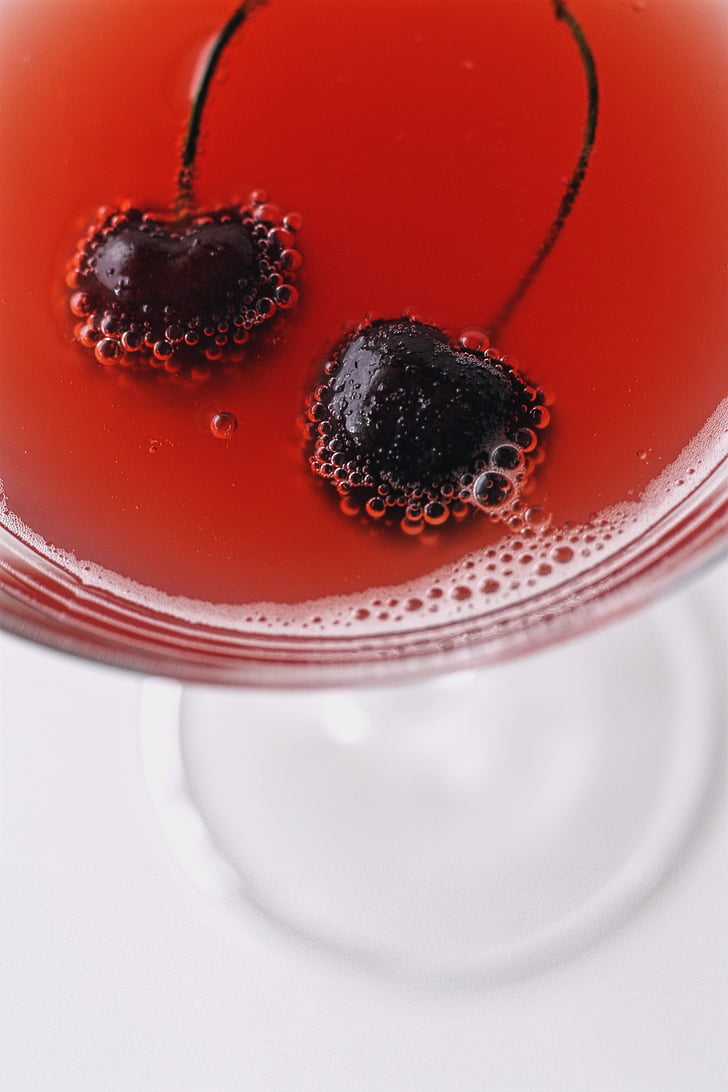 cherry, drink, cosmopolitan, cocktail, bubbles, martini glass, red