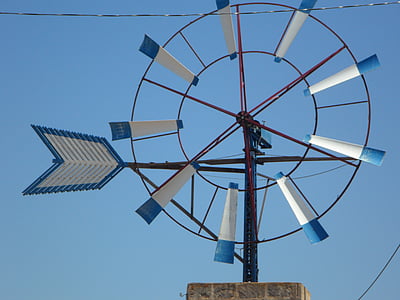 風車, 金属, ホイール, 風, 風力エネルギー, エネルギー, ブルー