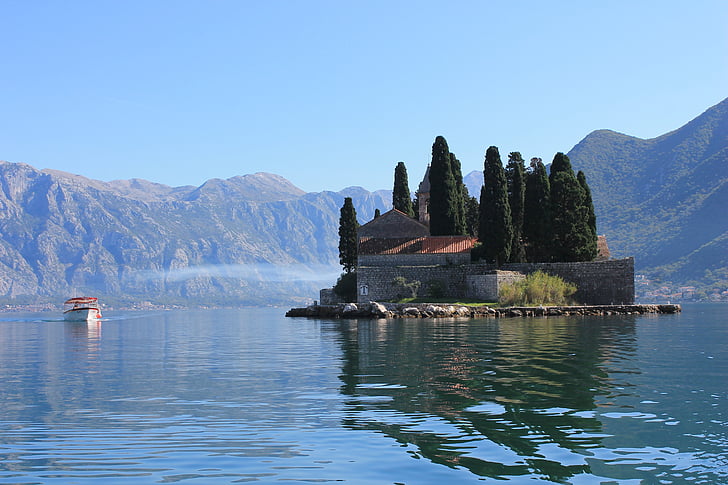otok, jezero, samostan, samotni, mirno, odsev, gorskih