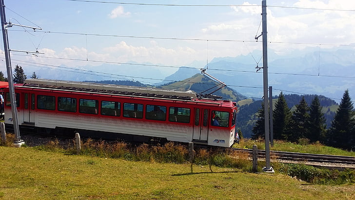 Pociąg, mechanizm zębatkowy, góry, Szwajcaria, Alpy, Rigi kulm, transportu