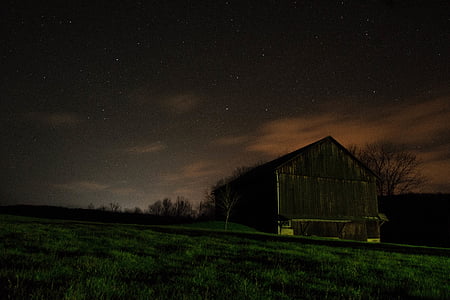 dark, hut, lawn, night, sky, stars, barn
