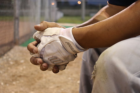 baseboll, suppleant, bänk, händer, handskar, fältet, idrott
