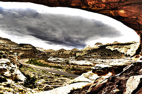 Utah, Estados Unidos, carretera, arco de piedra, roca, nubes