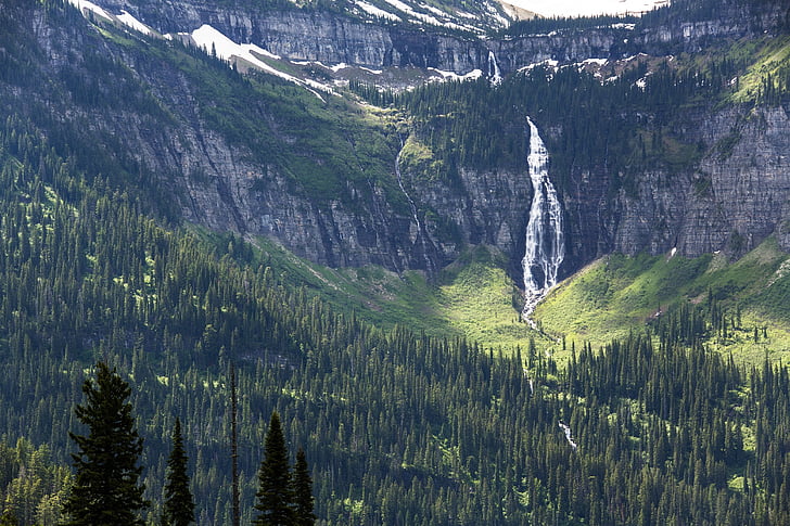 landscape, scenic, waterfall, mountains, outdoors, wilderness, glacier national park