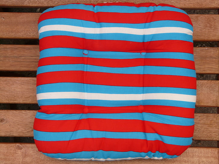 pillow, seat cushions, garden bench, striped, blue, red, white