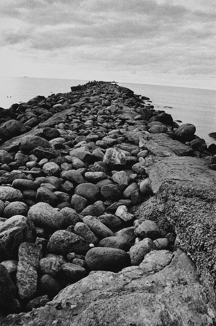 grayscale, photo, rock, formed, sea, wall, beach