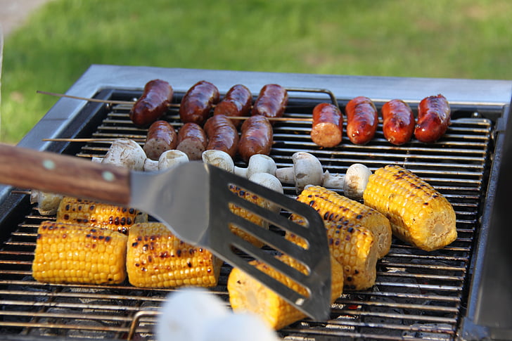 grilling, summer, corn on the cob, sausage, summer time