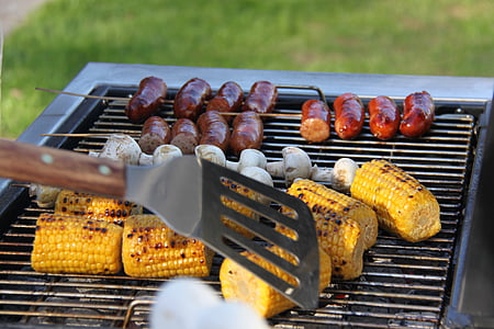 grilling, summer, corn on the cob, sausage, summer time