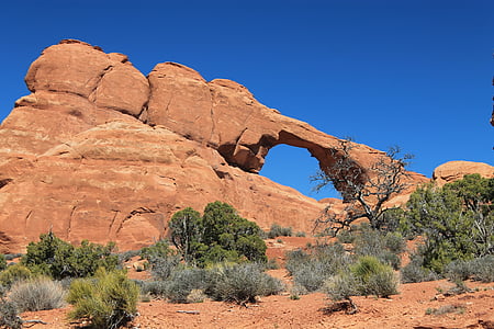 arch, arid, bushes, canyon, daylight, desert, dry