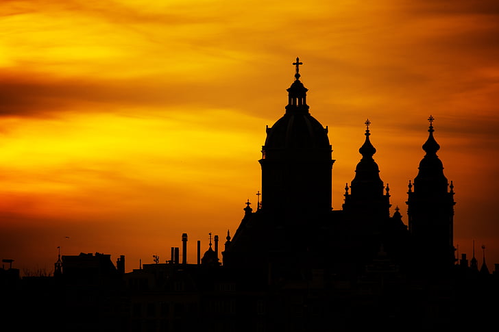 Architektura, budova, Katedrála, kostel, Dawn, soumraku, silueta