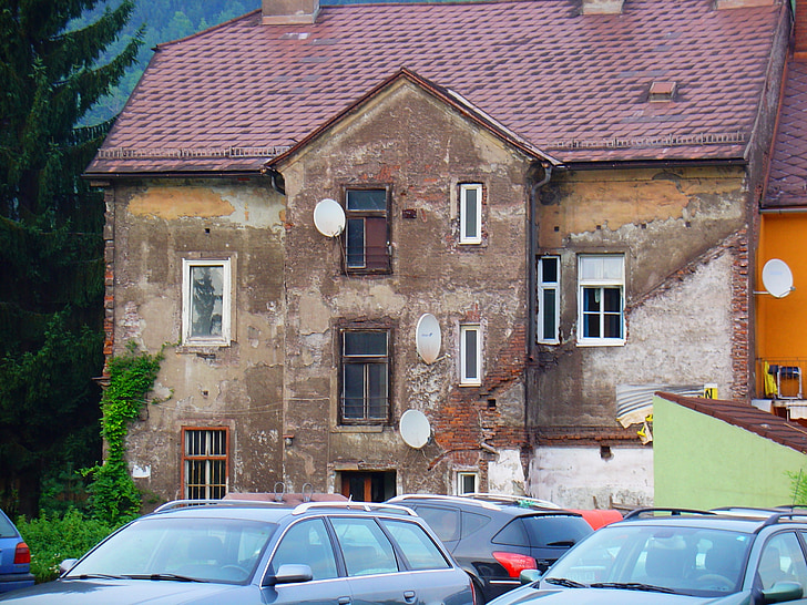 Casa, velho, fachada, decadência, edifício, parede, arquitetura