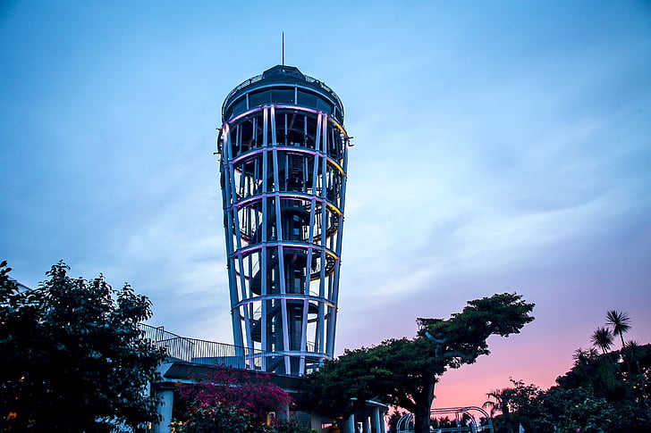 japan, enoshima, sunset, building, scan tower, observe units, architecture