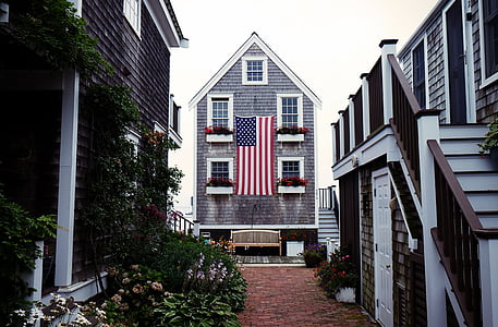 bench, courtyard, flag, flowers, house, usa