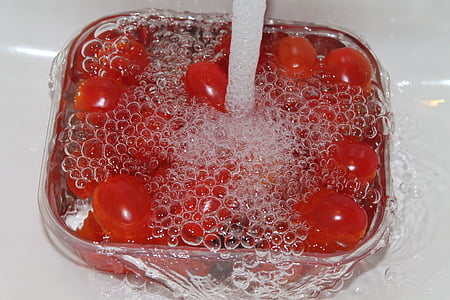 slag, vann, luftbobler, tomater, boble, rød, friskhet