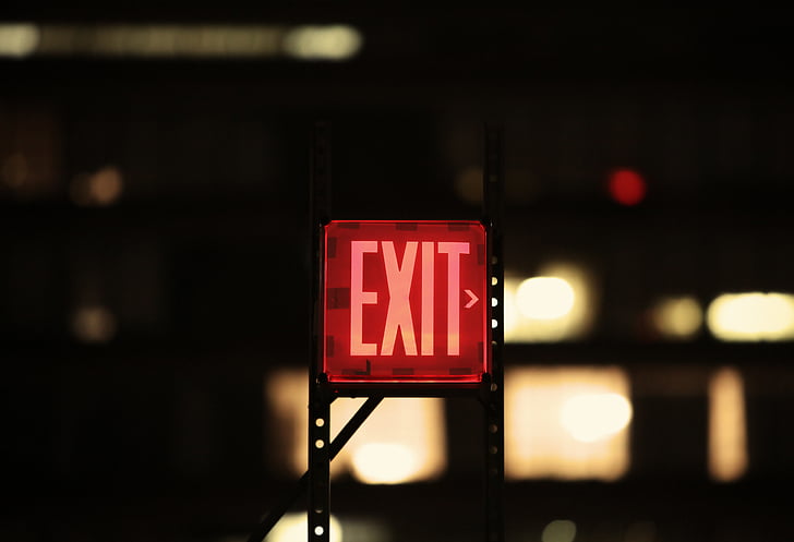 red, exit, signage, sign, lights, illuminated, night