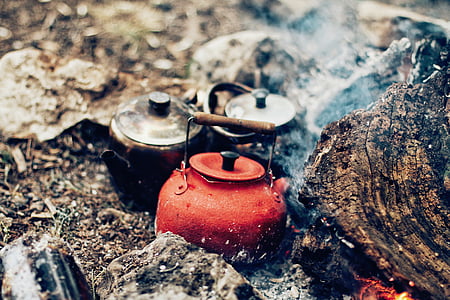 fogo, cinzas, fumaça, chaleiras, potenciômetros, calor - temperatura, bule de chá