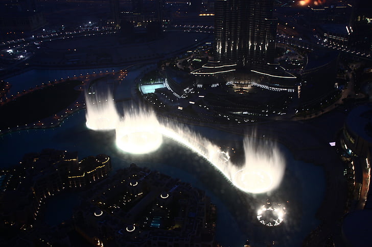 Dubai, grad, Fontana, noću, rasvjeta, Burj khalifa, u e