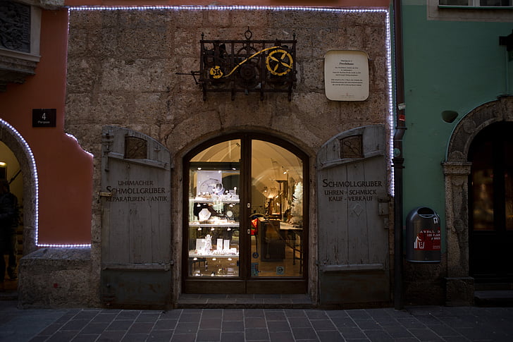 watchmaker, shop, christmas lights, architecture, historic, after dark, innsbruck